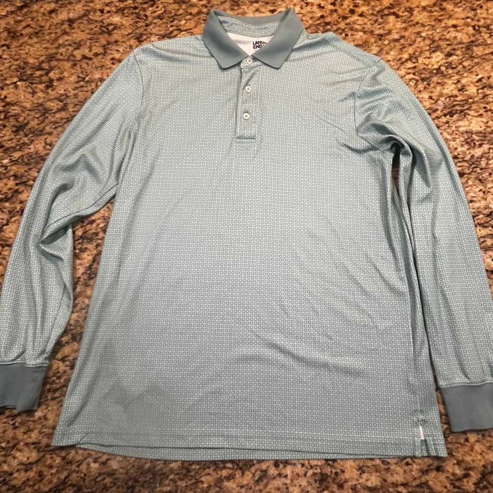 Lands End Mens Large Tall Traditional Fit Long Sleeve Polo Shirt Green Geometric